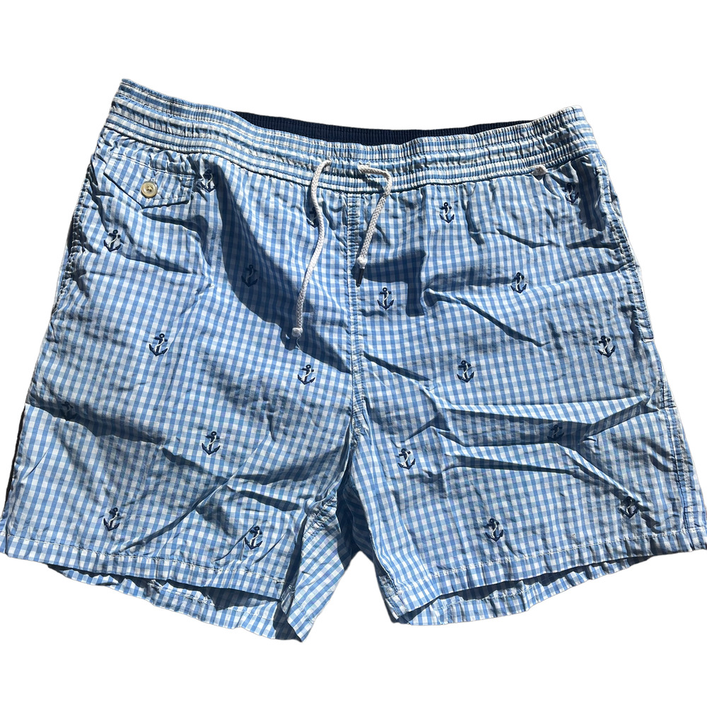Polo Ralph Lauren Mens Blue Gingham Anchor Swimsuit Trunks Size Large